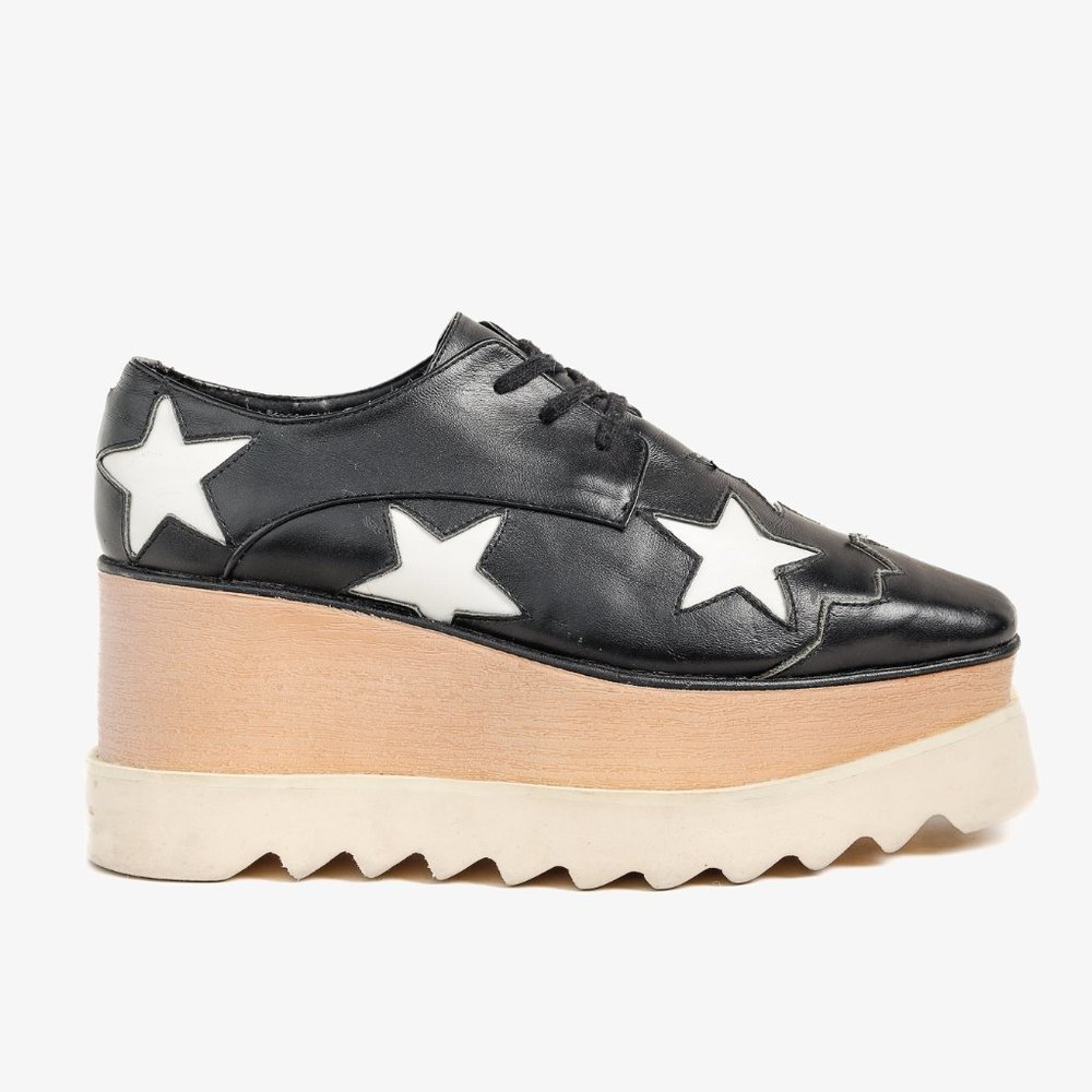 Stella McCartney Black White Star Vegan Elyse Platform Derby Shoes, Size 5